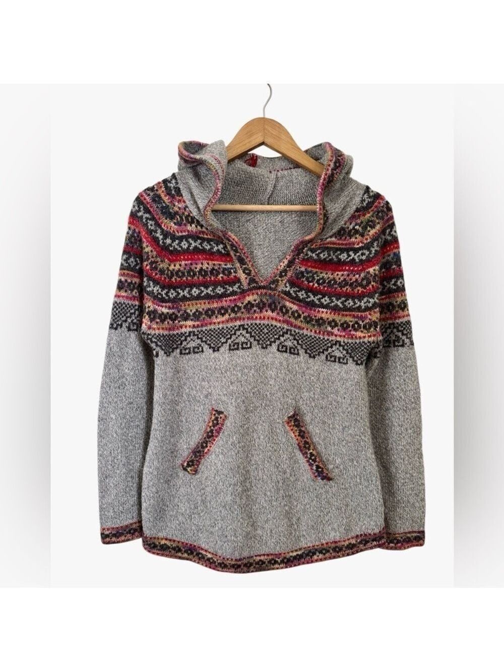 Boho Fair Isle Hooded Knit Sweater Folk Cozy